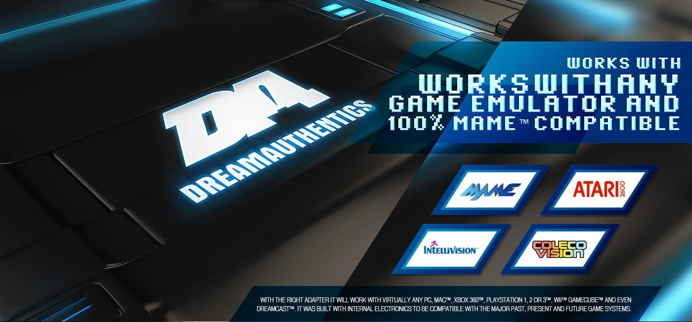 Works with any game emulator and 100% MAME compatible — MAME, Atari 2600, Intellivision, ColecoVision. With the right adapter it works with virtually any PC, Mac, Xbox 360, PlayStation 1/2/3, Wii, GameCube and even Dreamcast.